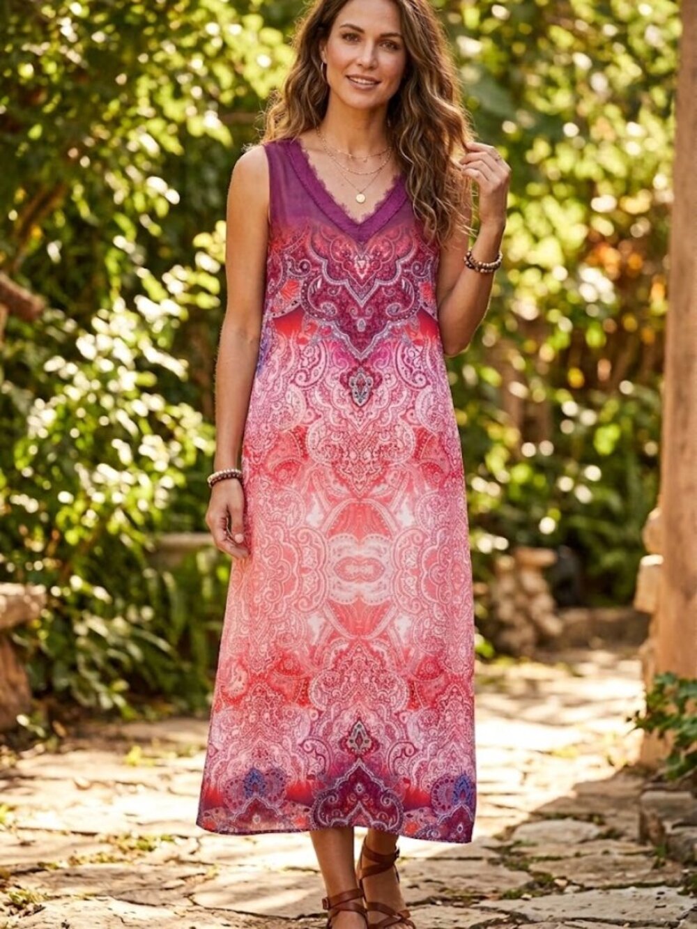One World New Boho Paisley Sleeveless V-Neck Stretch Midi/Maxi Dress – Size XL